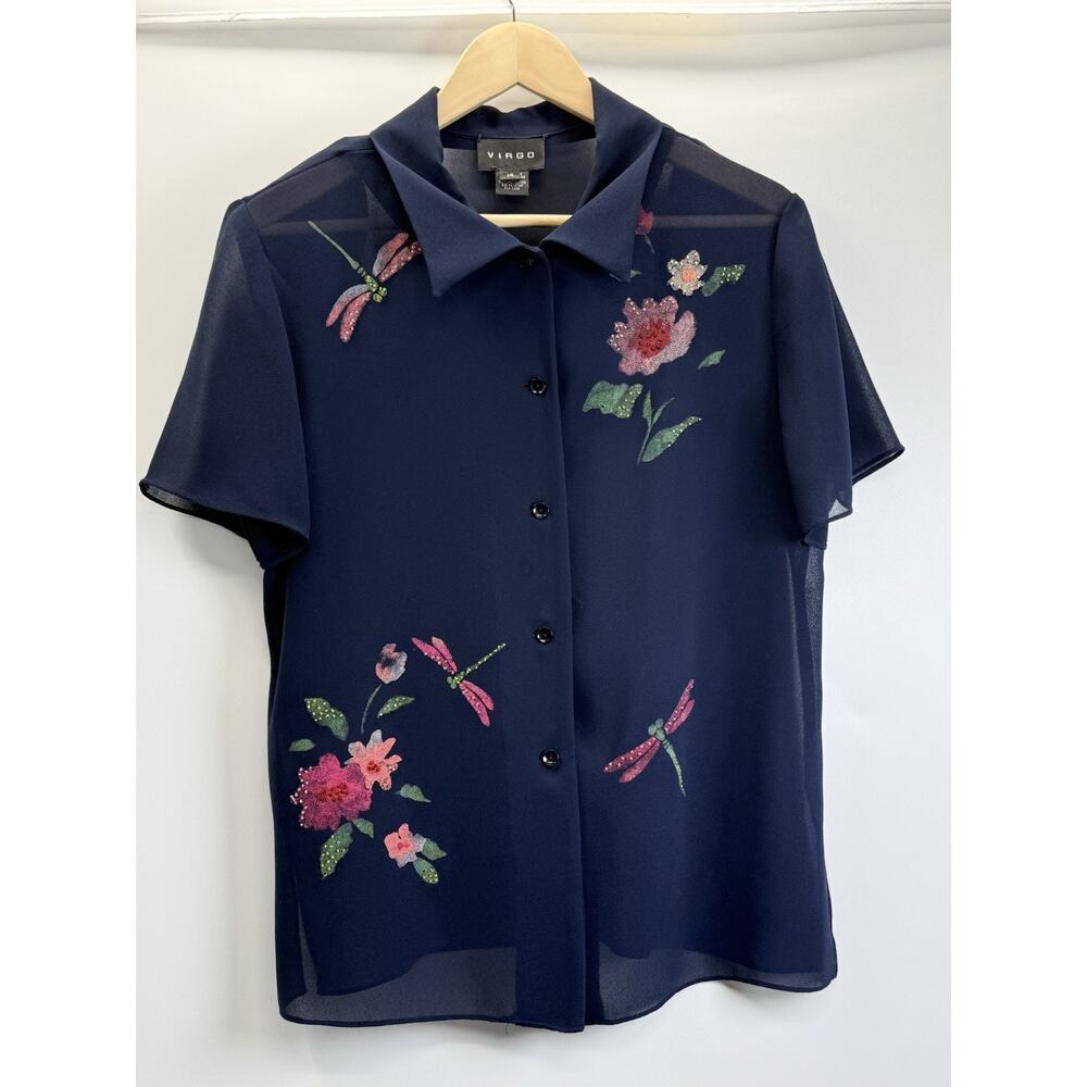 Virgo Sheer Floral Dragonfly Blouse Womens 14 Navy Beaded Y2K Fairycore Mesh Top
